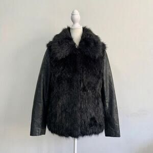 Black Afghan Fur Leather Jacket Y2K Grunge Indie Sleaze Gothic Penny Lane Coat